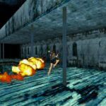 Lara se battant contre un ennemis armé d'un lance flamme