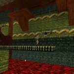 Lara échappant à une boule au dessus d'un lac de lave