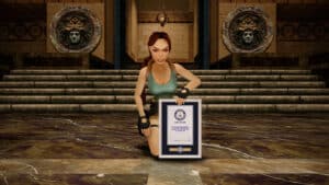 Lara Croft posant avec son nouveau record établis