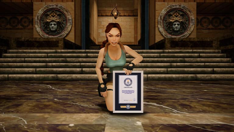 Lara Croft posant avec son nouveau record établis